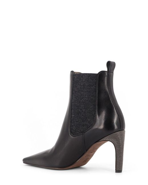 Brunello Cucinelli Black Leather Boots With Monili Detail On The Heel