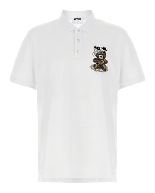 Moschino White Piqué Cotton Polo Shirt With Logo Print for men