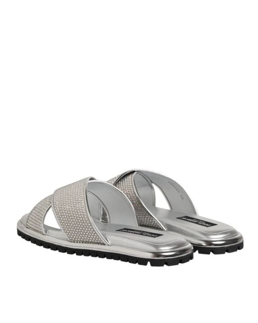 Dolce & Gabbana Gray Silver Strass Slides Flats Slippers Shoes for men