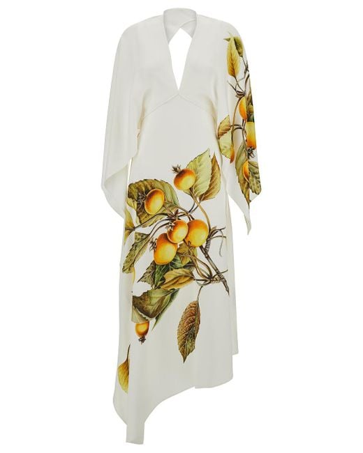 Ferragamo Long White Asymmetric Dress With Graphic Print In Viscose Blend Woman