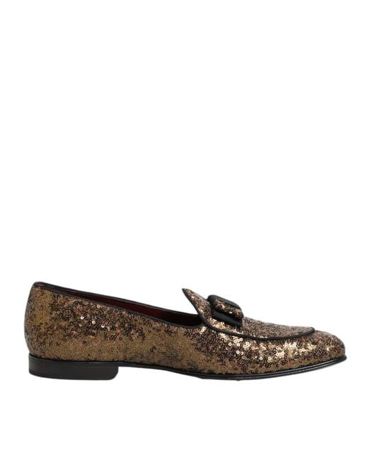 Dolce & Gabbana Brown Gold Sequined Slip On Loafers Men Dress Shoes for men