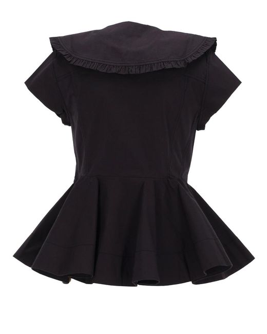 Ganni Black Ruffle Shirt Organic Cotton Elastane