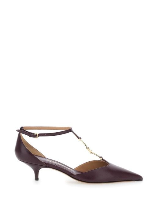 Ferragamo Brown Bordeaux Pumps With T Strap And Low Heel