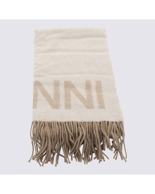 Ganni Natural Wool Logo Scarf
