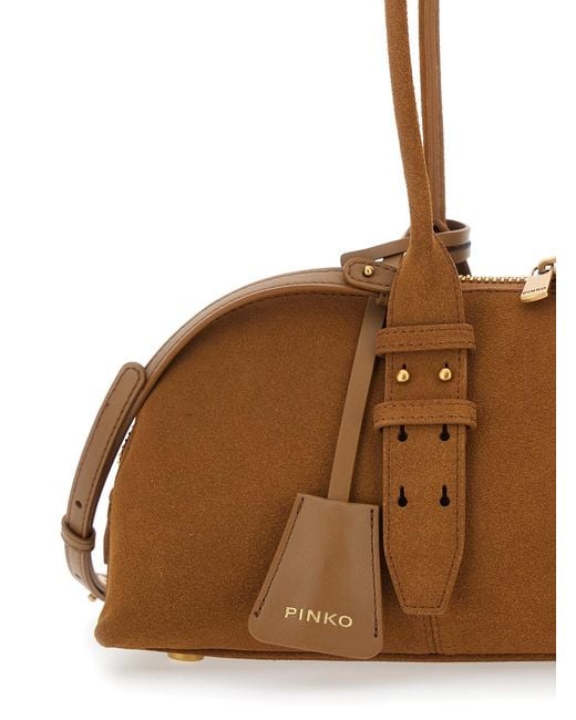 Pinko Brown Shoulder Bag Bowling Horizontal Suede Leather