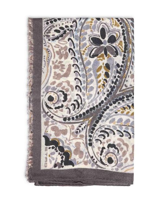 Etro Gray Wool And Silk Scarf With Floral Paisley Pattern
