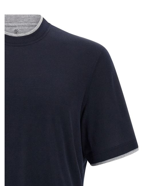 Brunello Cucinelli Blue Double Layer T-Shirt for men