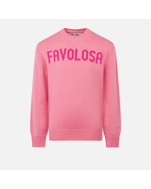 Mc2 Saint Barth Pink Girl Crewneck Sweater With Favolosa Rhinestones Print
