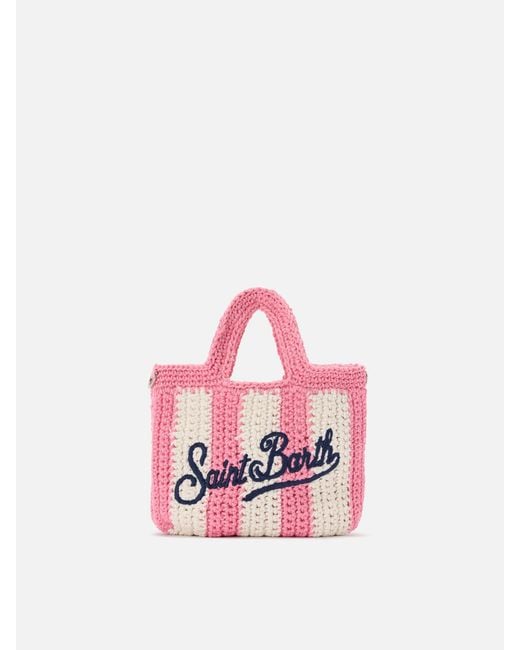 Mc2 Saint Barth Pink Crochet Mini Bag With Striped Pattern And Embroidered Logo
