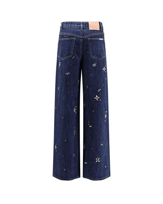 Self-Portrait Blue Wide Leg Jeans With Rhinsestones
