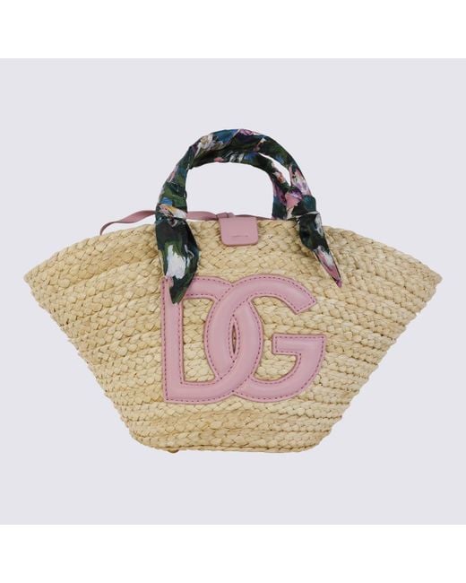 Dolce & Gabbana Pink And Natural Raffia Kendra Small Shopping Bag