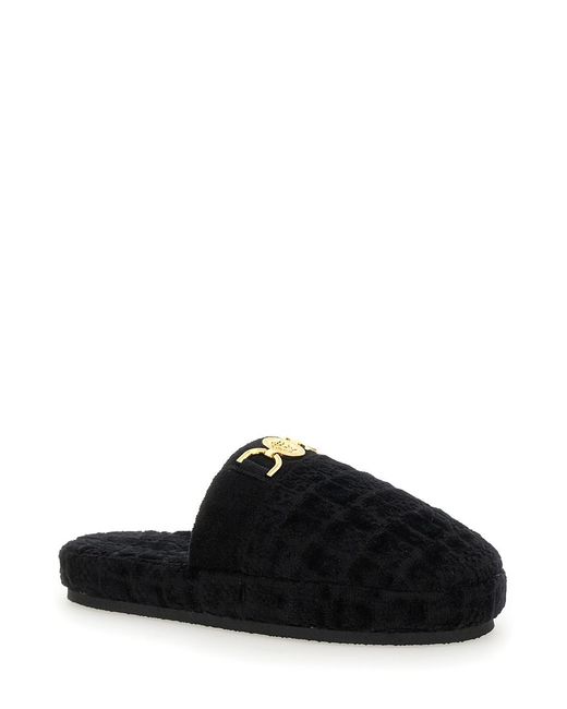 Versace Black Slippers With Fabric Logo Plate