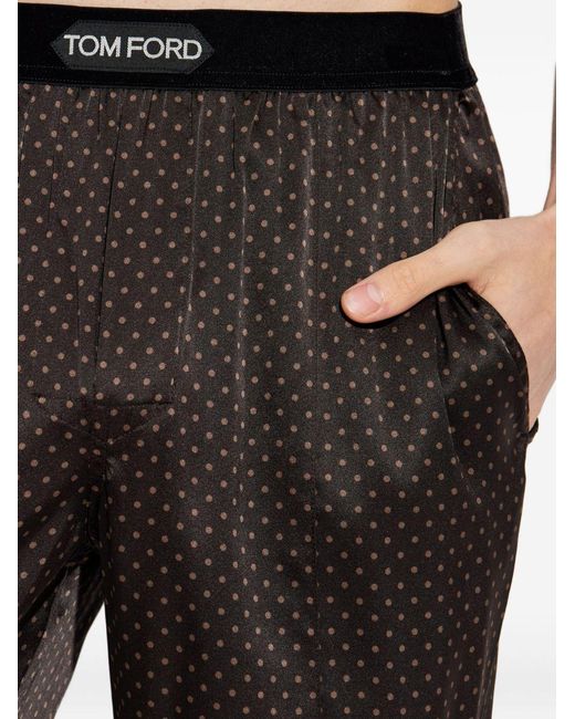 Tom Ford Gray Icon Chocolate Polka Dot Silk Trousers With Stretch Velvet Waistband And Logo On The Front for men