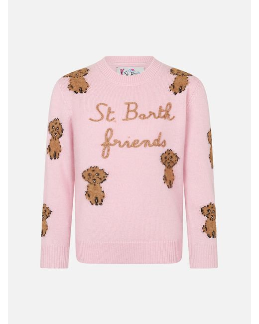 Mc2 Saint Barth Pink Girl Crewneck Soft Ribbed Sweater With St. Barth Friends Embroidery