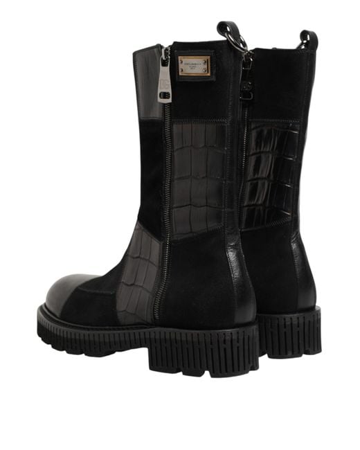 Dolce & Gabbana Black Patchwork Leather Mid Calf Boot Shoes Co+Horse+Crocodile for men