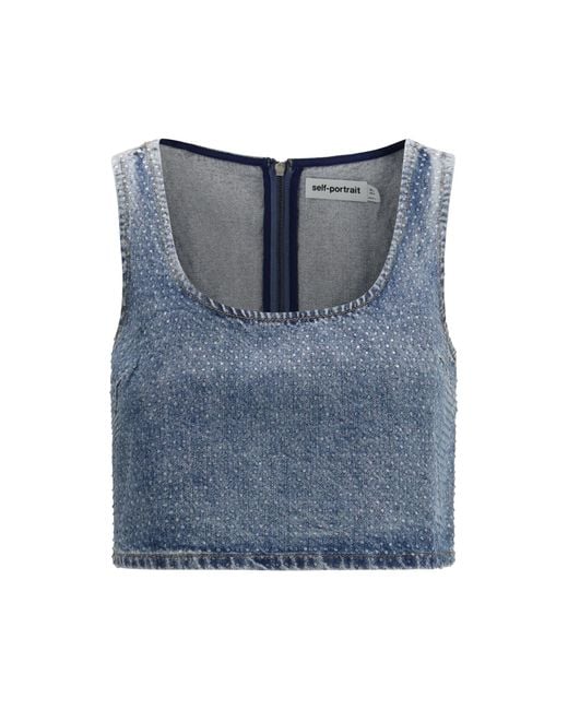 Self-Portrait Blue Rhinestone Denim Crop Top Cotton