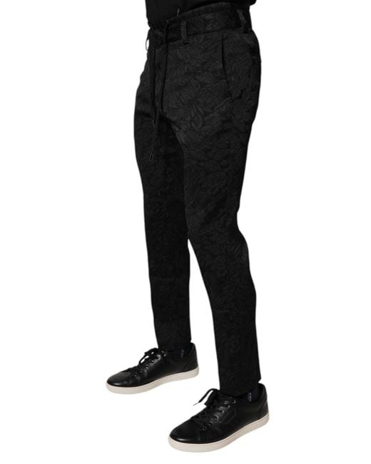 Dolce & Gabbana Black Brocade Polyester Skinny Dress Pants for men