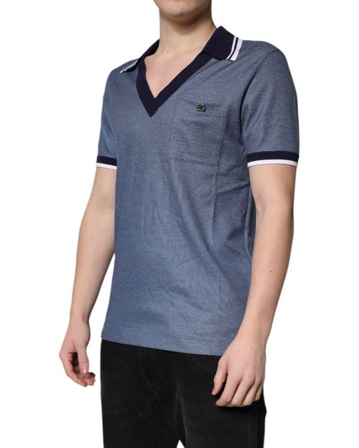 Dolce & Gabbana Blue Collared V-Neck Silk Blend Polo T-Shirt Cotton for men