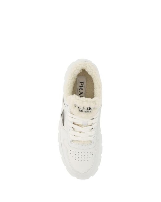 Prada White Shearling-detail Low-top Sneakers