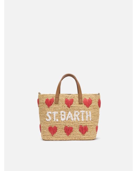 Mc2 Saint Barth Pink Raffia City Mini Bag With Hearts Embroidery