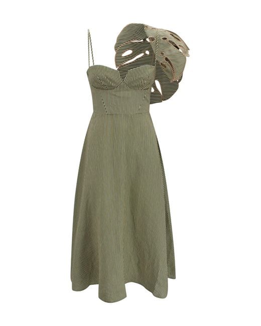 Farm Rio Green Striped Midi Dress With Corset Bodice