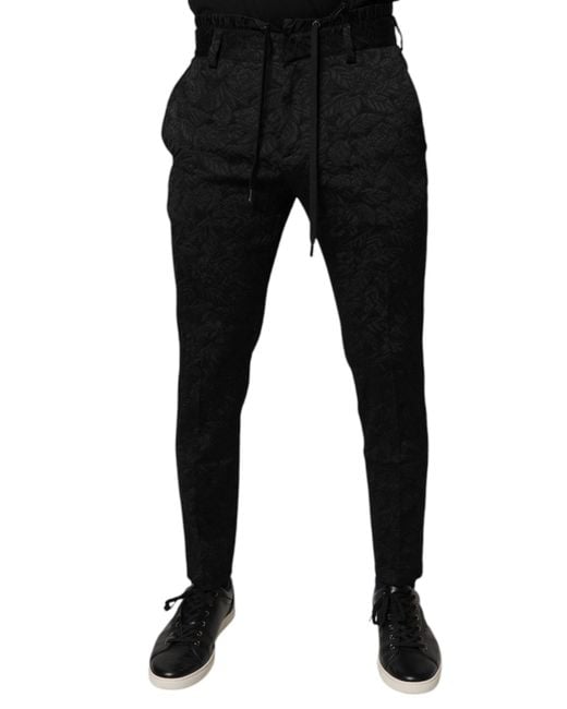 Dolce & Gabbana Black Brocade Polyester Skinny Dress Pants for men