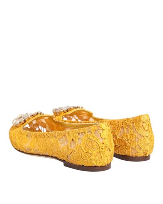 Dolce & Gabbana Yellow Taormina Lace Crystals Flats Shoes Viscose Cotton Nylon