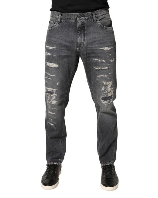 Dolce & Gabbana Gray Tattered Cotton Loose Denim Jeans Clothing for men