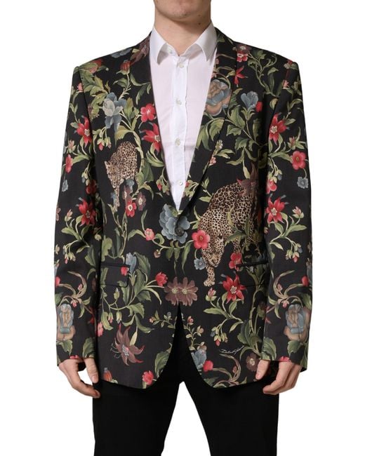 Dolce & Gabbana Black Floral Leopard 1 Button Suit Jacket Elastane Virgin Wool for men