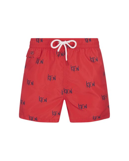 Kiton Red Swim Shorts With All-over Logo for men