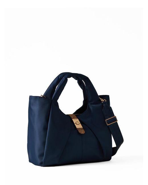 Borbonese Blue Fabric And Leather Handbag With Shoulder Strap