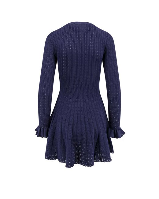 Self-Portrait Blue Perforated Knit Short Dress With Removable Lace Brooch