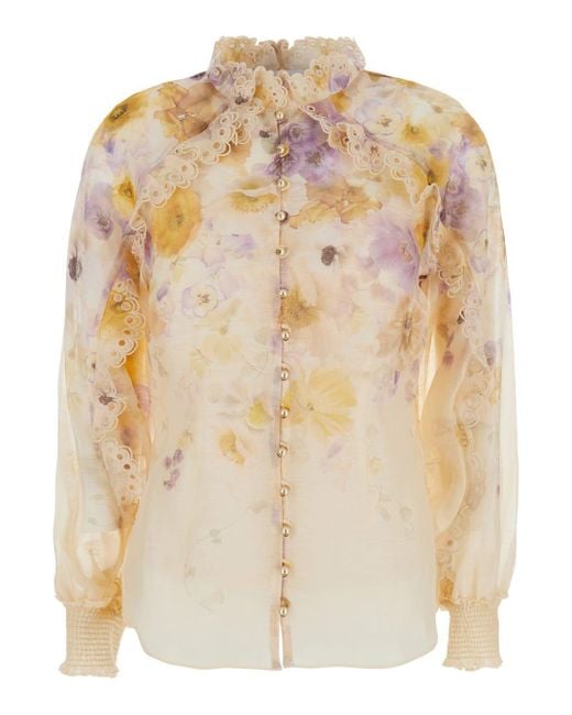 Zimmermann Natural Blouse With Floral Print And Ruched Details