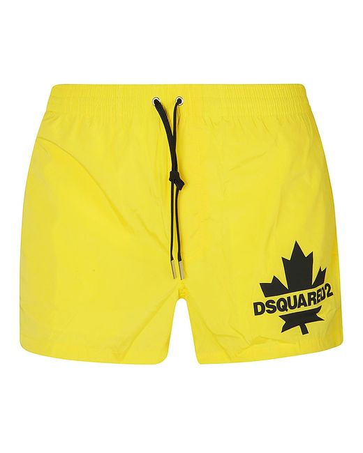 DSquared² Yellow Leaf Logo Print Swim Shorts for men
