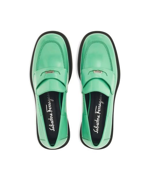 Ferragamo Green Peny Strap Leather Loafers