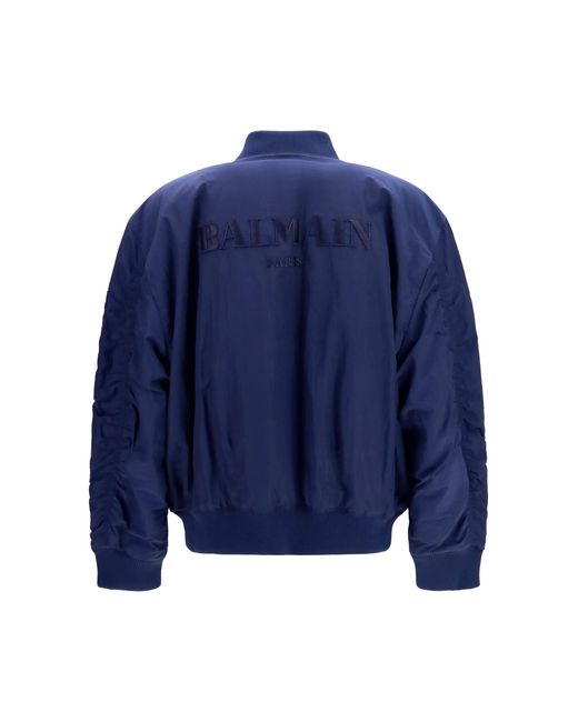 Balmain Blue Nylon Bomber Jacket With Embroidered Back Logo for men