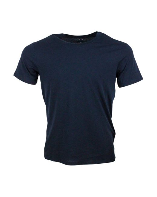 Armani Exchange Blue Short-Sleeved Crew-Neck T-Shirt With Small Studded Logo On The Chest And Bottom for men