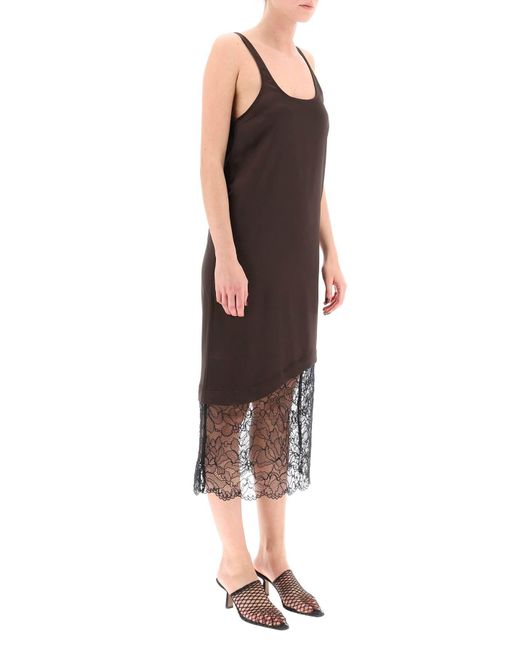 Ganni Black Satin Slip Dress With Lace Insert