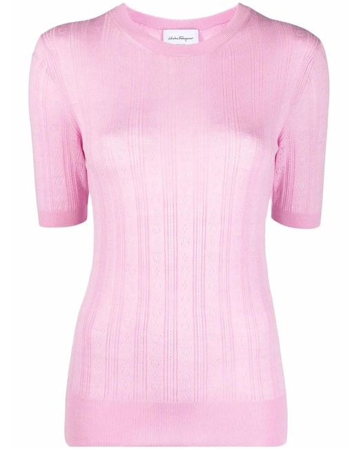 Ferragamo Pink Gancini-Pattern Short-Sleeve Knitted Top