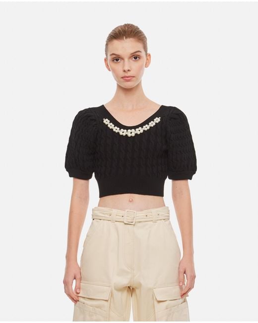 Simone Rocha Black Cropped Puff Sleeve Open Neck Cable Top