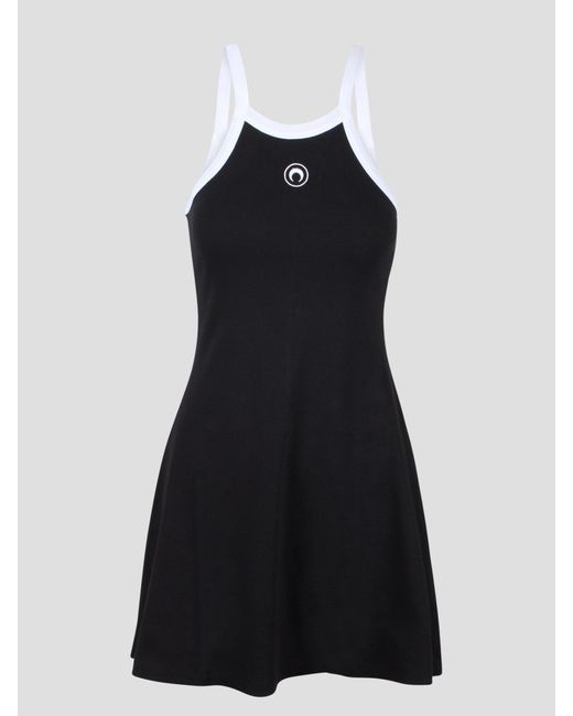 MARINE SERRE Black Organic Cotton Rib Flared Dress