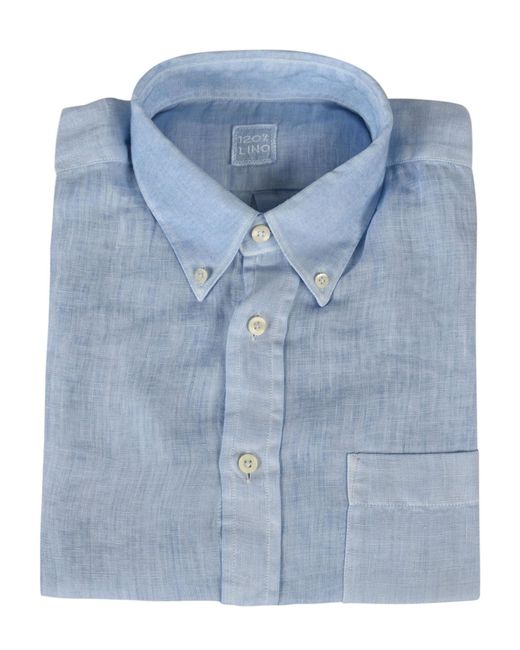 120% Lino Blue Regular Fit Button Down Shirt for men