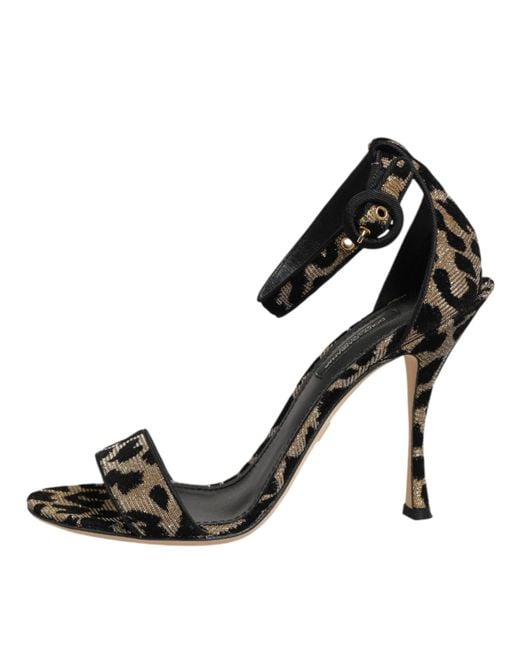 Dolce & Gabbana Black Gold Leopard Ankle Strap Heels Sandals Shoes