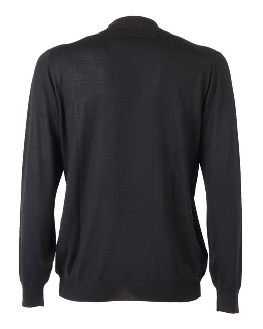 Fedeli Black Mock-Neck L-S Knitted Sweater Virgin Wool Crewneck for men