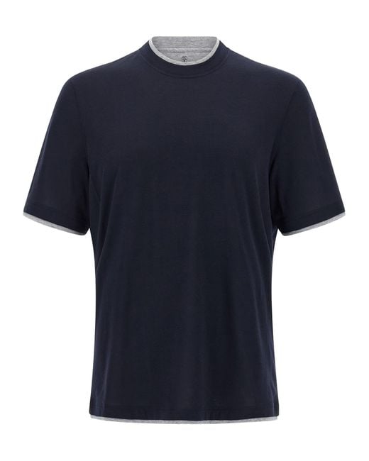 Brunello Cucinelli Blue Double Layer T-Shirt for men