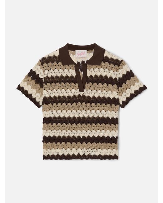 Mc2 Saint Barth Brown Lala Crochet-Effect Cotton Blend Polo With Striped Pattern Shirt