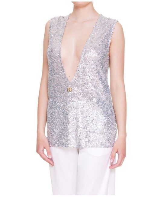 Dolce & Gabbana White Glitter V-Neck Sleeveless Top