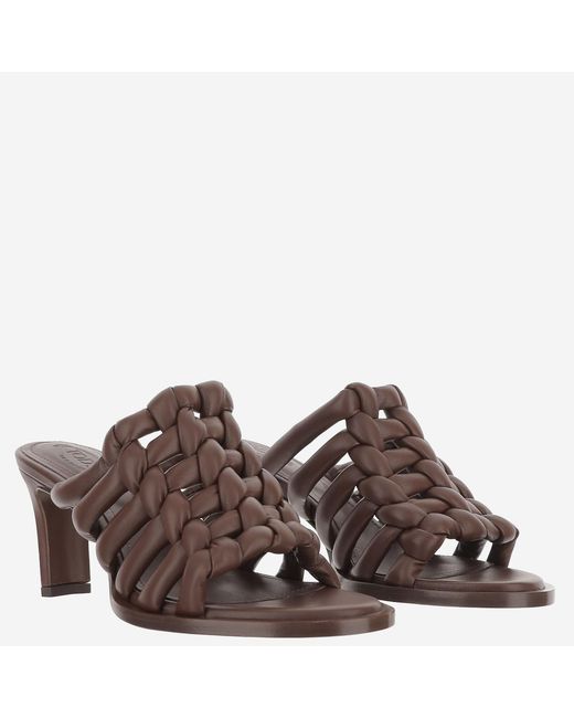 Tod's Brown Woven Leather Sandals With Medium Heel Calfskin
