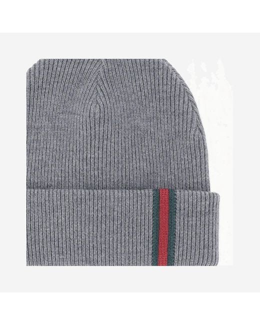 Gucci Gray Wool Beanie With Web Ribbon Fabric Hat for men