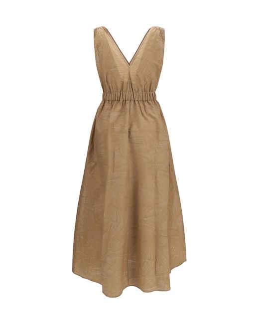 Brunello Cucinelli Natural Midi Dress With Floral Motif Cotton; Polyamide